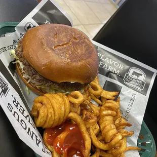 Burger and curly fries