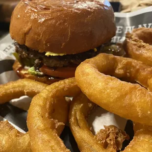 BBQ burger with onion rings