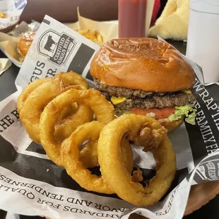 Double cheeseburger and onion rings.