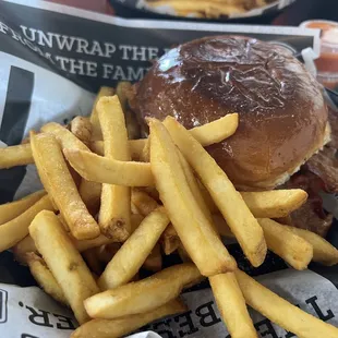 Bacon avacado cheeseburger and fries