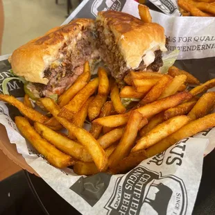 Crazy burger with fries !