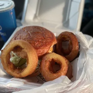 Handmade burger and onion rings right down to the sliced jalapeños