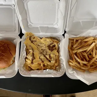 Cheeseburger, chili cheese fries &amp; regular fries