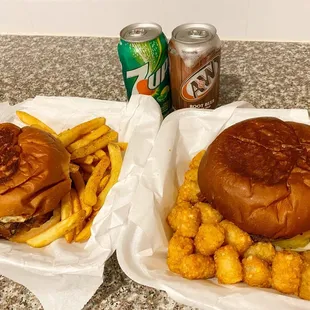 Picture next to soda cans for size comparison... The burgers are huge!!!