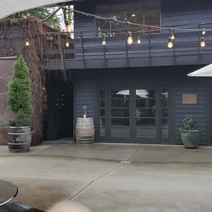 patio area with tables and umbrellas