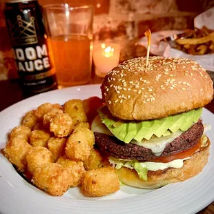 a burger and onion rings