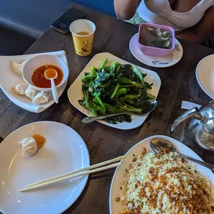 Scallop fried rice, garlic Gai lan, and dumplings for a nice afternoon lunch.