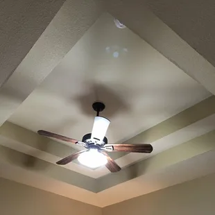 Master bedroom vaulted ceiling with updated ceiling fan with LED lighting.