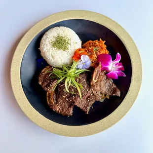 LA style Kalbi - served with rice and kimchi