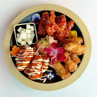 JMT party wings with buffalo, sweet and spicy, and garlic soy
