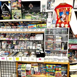 Sports cards, collectibles, and video games from many systems.