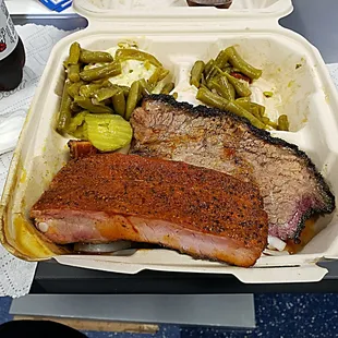 Two-meat plate, Al Pastor Pork Spareribs and moist Beef Brisket with potato salad and Mom's Green Beans, on the side