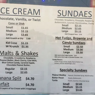 a menu for ice cream