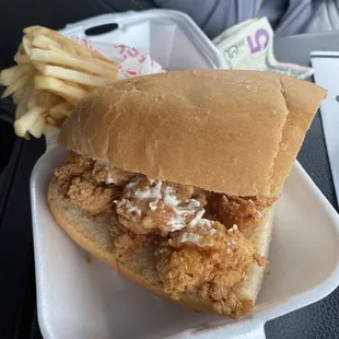 Half a shrimp Poboy ordered w/ just Mayo &amp; tomatoes with a side of fries