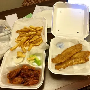 Hot lemon pepper wings with fries, and whiting.