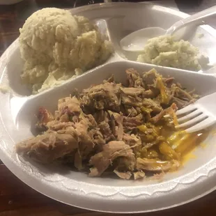 pulled pork, mashed potatoes and gravy