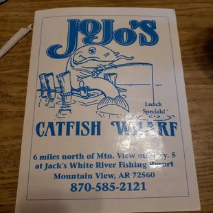 The menu of highly recommended waterfront restaurant
