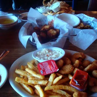 popcorn shrimp with fries &amp; coleslaw, hush puppies, fried pickles, beans, catfish