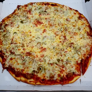 Sausage and olive thin crust pizza