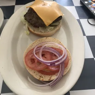Burger. Dinner style fresh and better then those chains.  Try it
