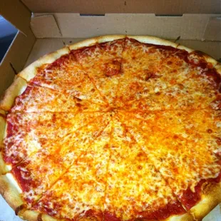 a cheese pizza in a box