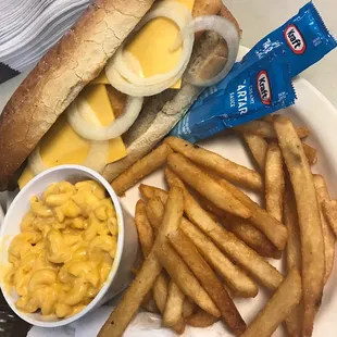 Small hand breaded fish sandwich with small fries and Mac &amp; Cheese