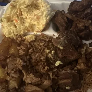 Oxtails, rice, and beans, potato salad