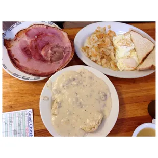 Breakfast perfection ham, eggs, homefries, toast, biscuits and gravy and coffee!