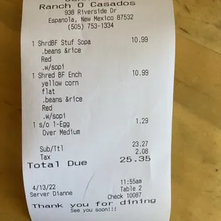 Joann's Ranch-O-Casados.  The bill.