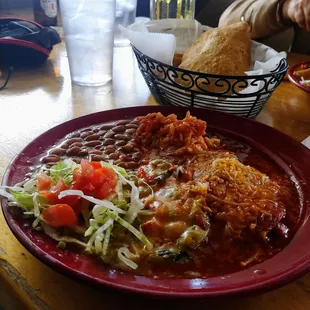 Shredded beef enchiladas, Christmas. Tasty and reasonable, with good service. Oh, and filling, too!