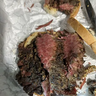 Little meat. Lots of spices piled high. Scrapped so much spice off the sandwich I had 2 or 3 pieces of actual pastrami. Waste of $30