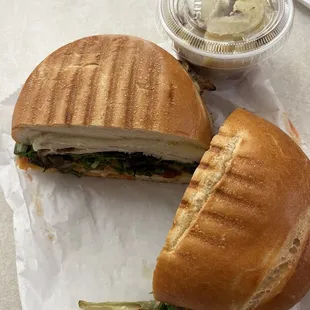 The chicken pesto sandwich and potato salad, both homemade and very delicious