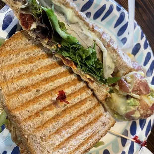 Grilled Chicken with Basil Pesto Sandwich (wheat bread) and side of potato salad.