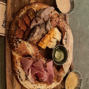 a variety of food on a wooden board