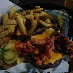 Amazing bacon cheeseburger.   Hope you get to meet Tommy and Linda the dove.