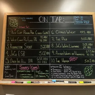 This is an updated look at what&apos;s on tap! We serve sours and wines alongside our home-brewed beer.