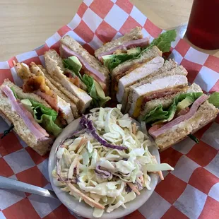 Grilled chicken club with coleslaw
