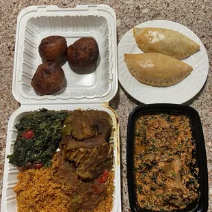 Take out order of Curry goat platter with the puffs, beef patties(a bit dry) and our left over egusi soup.