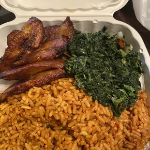 Jollof rice, tasty spinach, and plantin.