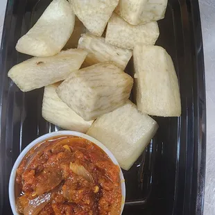 Fried yam with sweet flavored stew.
