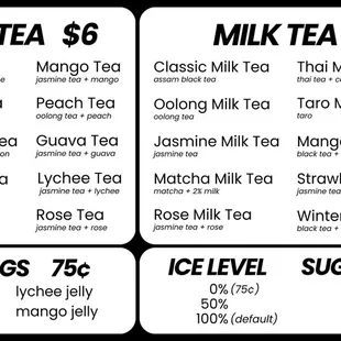 Fruit Tea, Milk Tea, Toppings, Ice Level, Sugar Level