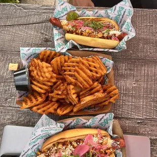 two Mexico City Dogs and Hot Honey Fries