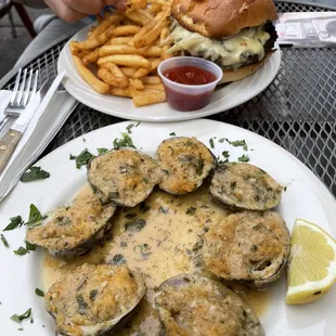 Burger and clams oreganata