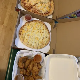 Pizza, Pizza Fries, and breasted wings