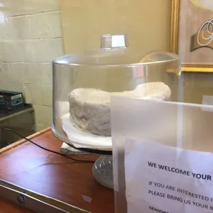 a cake in a display case