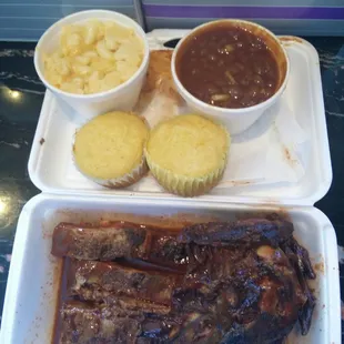 1/4 chicken and ribs with Mac, beans and corn muffins: $18