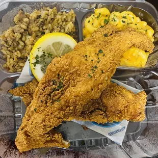 Fried Catfish with dirty rice and mac and cheese