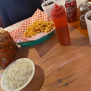 a table full of food and drinks
