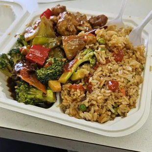 My fried rice with beef and broccoli and kung pow chicken
