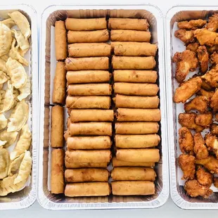 Pot stickers, Eggrolls and Hot wings.